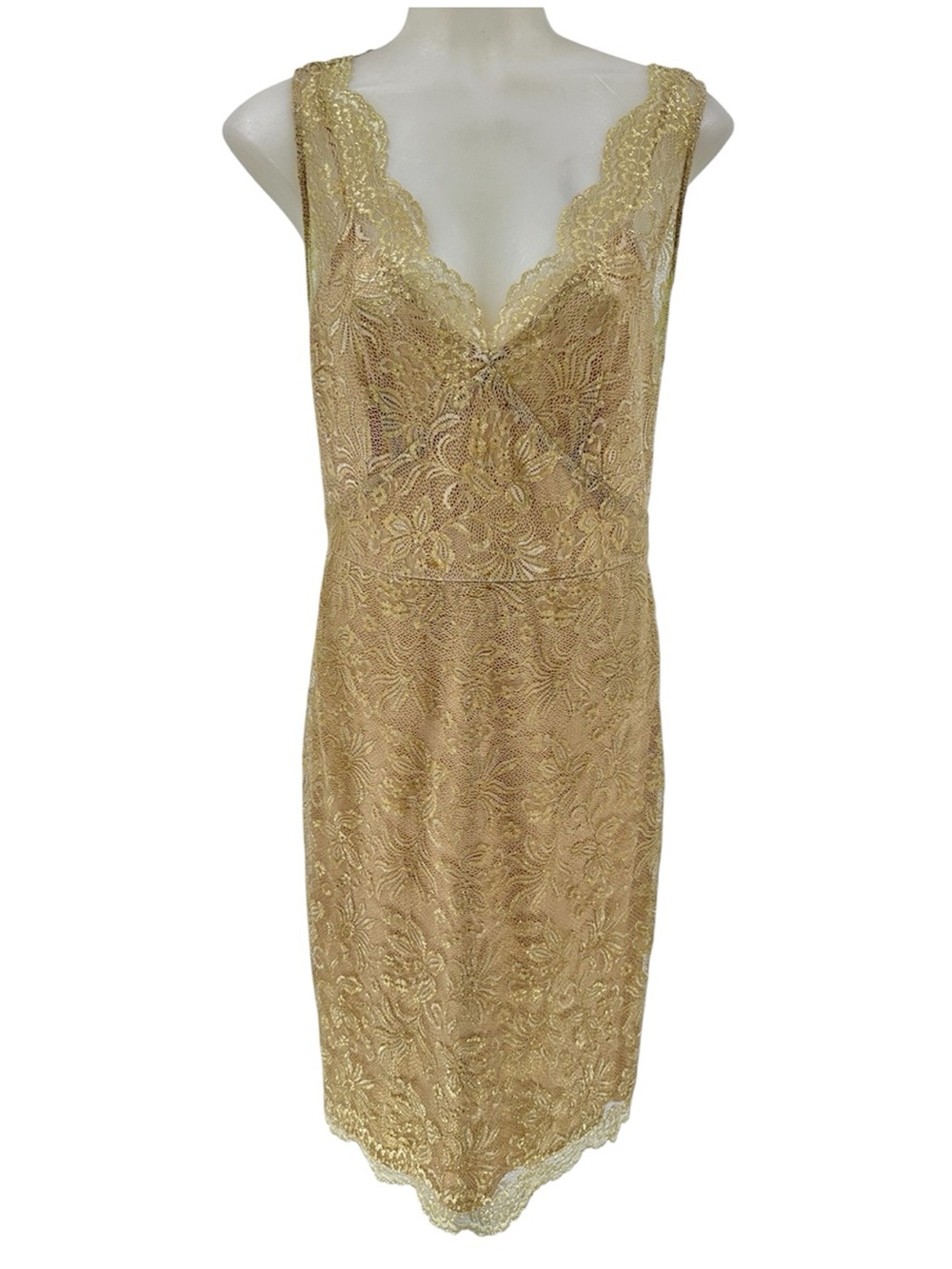 BCBGMaxAzria Gold Lace Slip Dress with Scalloped V-Neck Sz 6